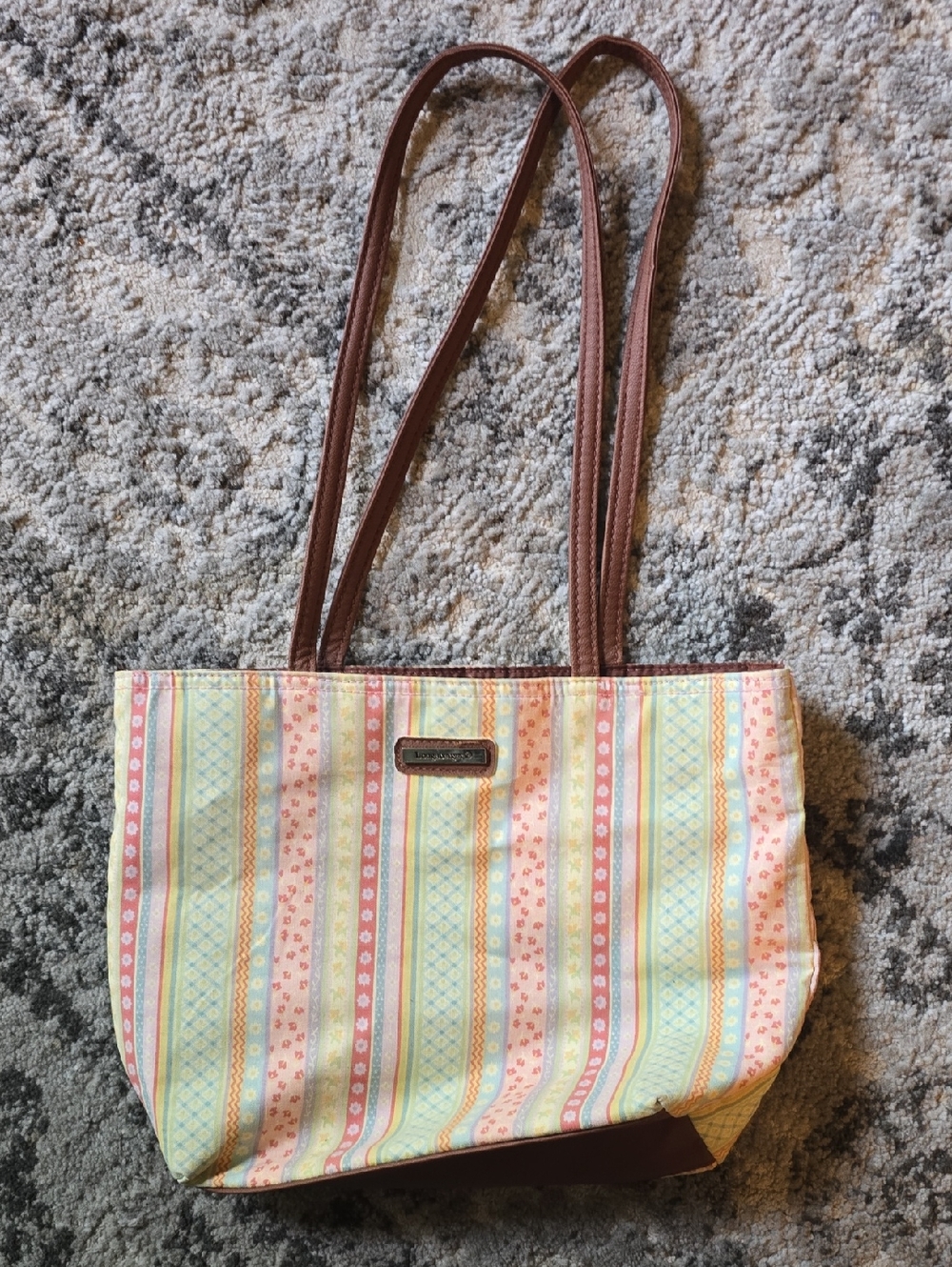 Longaberger Striped Pastel Tote with Brown Straps